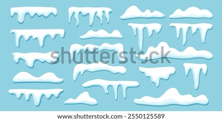 Set of snow elements isolated on blue background. Vector illustration of snow, icicles, snowdrifts, winter snow collection.