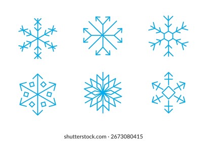 Set of snow flake icons blue outline vector illusttratioon for christmas and new year decoration. 
