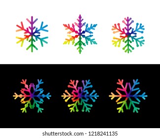 Set of snow flakes. Blue red pink ice, coloured xmas icons. Isolated cut seasonal symbols, trendy glittering glass on black and white backdrop. Elegant abstract idea, arts and graphic design template.