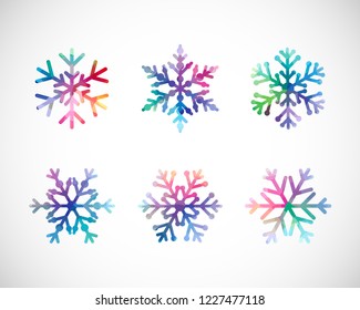 Set of snow flakes. Blue red pink ice, coloured xmas icons. Isolated cut seasonal symbols, trendy glittering glass on black and white backdrop. Elegant abstract idea, arts and graphic design template.
