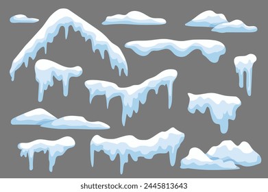 Set of snow in flat cartoon design. This illustration shows a collection of snowdrifts on a plain gray background. Vector illustration.