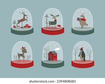 Set of snow globe with cute Merry christmas animal.Design for Christmas and New Year greeting card.Vector illustrations.