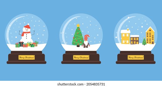 Set of snow globes with christmas scene. Snowball with snowman and christmas tree. New Year glass snow globe. 