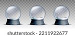 Set of Snow globes with falling snowflakes. Realistic transparent glass sphere on black pedestal. Magic glass sphere on dark background. Vector illustration EPS 10