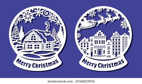 Set of snow globes. Round decorations on a stand with houses, fir trees, snow, Santa Claus, deer. New Year's theme. Vector template for plotter laser cutting of paper, wood carving, metal engraving.