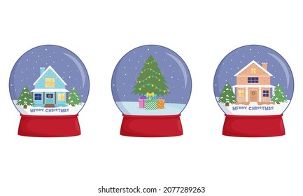 Conjunto de globos de nieve con un pueblo. Escenas de invierno en un globo de nieve.