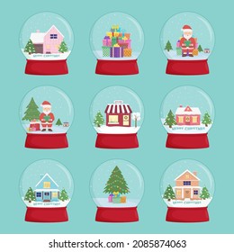 Set of snow globes with a town. Winter wonderland scenes in a snow globe.