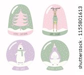 Set of snow globes with tree, deer, polar bear, penguin, lettering quotes. Isolated objects on white background. Hand drawn vector illustration. Flat style design. Concept for Christmas card, invite.