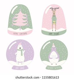 Set of snow globes with tree, deer, polar bear, penguin, lettering quotes. Isolated objects on white background. Hand drawn vector illustration. Flat style design. Concept for Christmas card, invite.