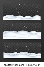Conjunto de plantillas de colinas de nieve de borde inferior con copos de nieve cayendo. Bordes decorativos con nevadas, ilustración vectorial realista aislada en fondo transparente.