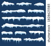 Set of snow icicles, snow cap isolated. Snowy elements on winter background. Vector template in cartoon style