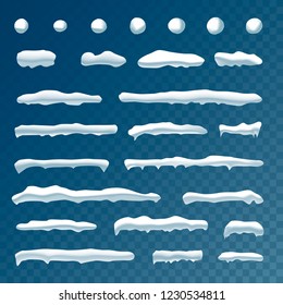 Set of snow icicles, snow cap isolated. Snowy elements on winter background. Vector template in cartoon style