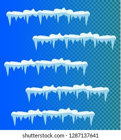 Set of snow icicles, snow cap isolated. Snowy elements on winter background. Vector template in cartoon style