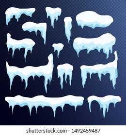 Set of snow icicles, snow cap isolated. Snowy elements on winter background. Vector template in cartoon style. Christmas, New Year frozen ice texture Vector illustration