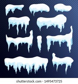 Set of snow icicles, snow cap isolated. Snowy elements on winter background. Vector template in cartoon style. Christmas, New Year frozen ice texture Vector illustration