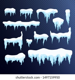 Set of snow icicles, snow cap isolated. Snowy elements on winter background. Vector template in cartoon style. Christmas, New Year frozen ice texture Vector illustration