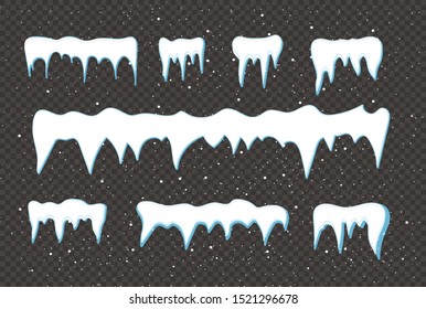 Set of snow icicles, snow cap isolated. Snowy elements on winter background. Vector template in cartoon style