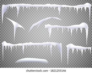 Set of snow icicles, snow cap isolated. Snowy elements on winter background.