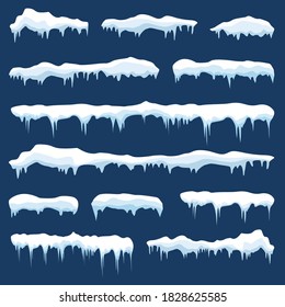 Set of snow icicles, snow cap isolated. Snowy elements on winter background. Vector template in cartoon style