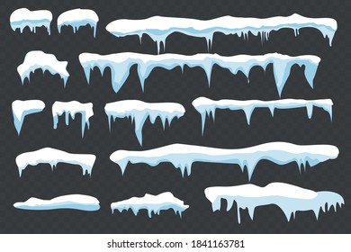 Conjunto de partículas de nieve, capa de nieve aislada. Artículos de nieve en un fondo invernal. Plantilla de vector en estilo de caricatura