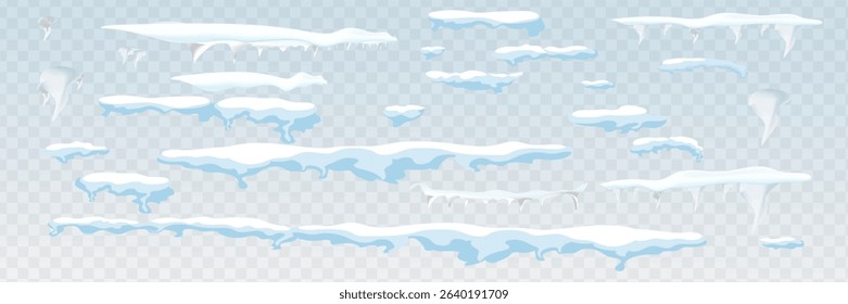 Set of snow icicles, snow cap isolated. Snowy elements on winter background. Vector template in cartoon style.