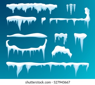 Set of snow icicles, snow cap isolated on transparent background. Snowy elements on winter background. Vector template in cartoon style for your design.