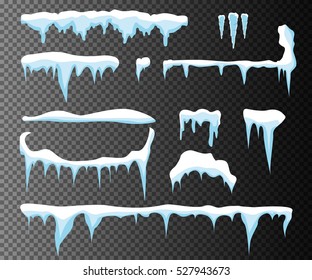Set of snow icicles, snow cap isolated on transparent background. Snowy elements on winter background. Vector template in cartoon style for your design.