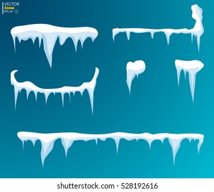 Set of snow icicles, snow cap isolated on transparent background. Snowy elements on winter background. Vector template in cartoon style for your design.