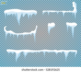 Set of snow icicles, snow cap isolated on transparent background. Snowy elements on winter background. Vector template in cartoon style for your design.