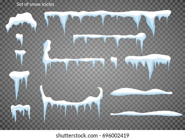 Set of snow icicles, snow cap isolated. Snowy elements on winter background. Vector template in cartoon style