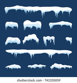 Set of snow icicles, snow cap isolated. Snowy elements on winter background. Vector template in cartoon style