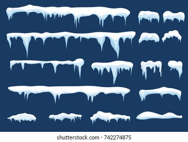 Set of snow icicles, snow cap isolated. Snowy elements on winter background. Vector template in cartoon style