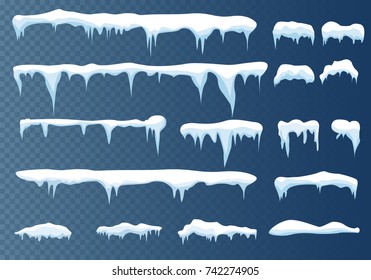 Set of snow icicles, snow cap isolated. Snowy elements on winter background. Vector template in cartoon style