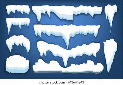 Set of snow icicles, snow cap isolated on transparent background. Snowy elements on winter background. 