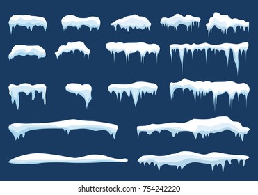 Set of snow icicles, snow cap isolated. Snowy elements on winter background. Vector template in cartoon style