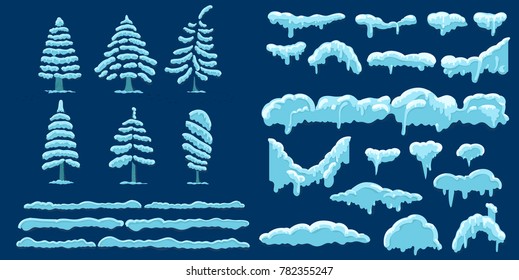 Set of snow icicles and snow cap. Vector illustration, template in cartoon style. Snowy elements tree, spruce, pine on winter background.  Isolated on blue background