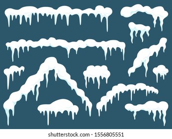 Set of snow icicles, snow caps. Snowy elements for decor and web. Vector illustration in cartoon flat style.
