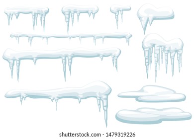 Set of snow icicles and snow caps winter elements flat vector illustration isolated on white background