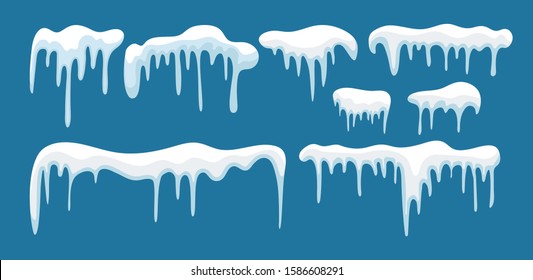 Set of snow icicles. Flat design isolated on blue background. Cartoon winter style, design and decoration.