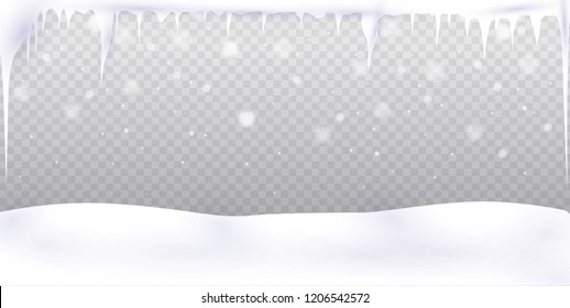 Set of snow icicles isolated on transparent background. Vector illustration