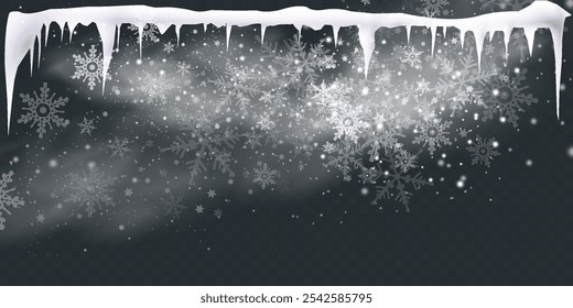 Set of snow icicles isolated on transparent background. Vector illustration