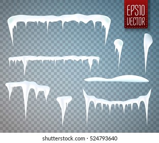 Set of snow icicles isolated on transparent background. Vector illustration