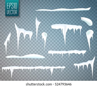 Set of snow icicles isolated on transparent background. Vector illustration