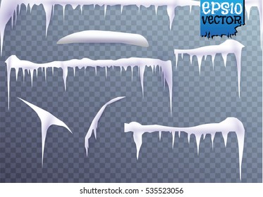 Set of snow icicles isolated on transparent background. Vector illustration