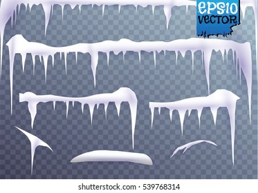 Set of snow icicles isolated on transparent background. Vector illustration