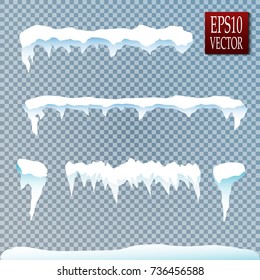 Set of snow icicles isolated on transparent background. Vector illustration