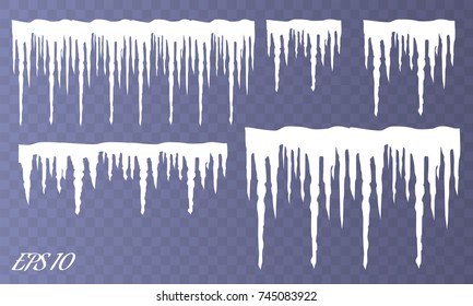 Set of snow icicles isolated on transparent background. Vector illustration