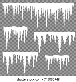 Set of snow icicles isolated on transparent background. Vector illustration