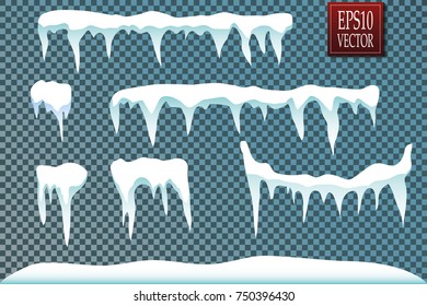 Set of snow icicles isolated on transparent background. Vector illustration