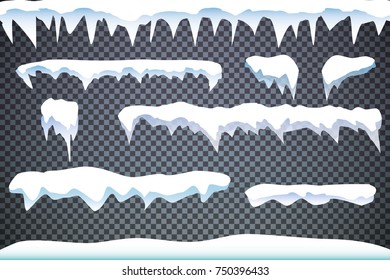 Set of snow icicles isolated on transparent background. Vector illustration